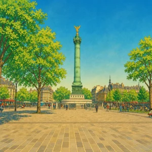Paved public square with a large central column topped with a golden statue and surrounded by trees