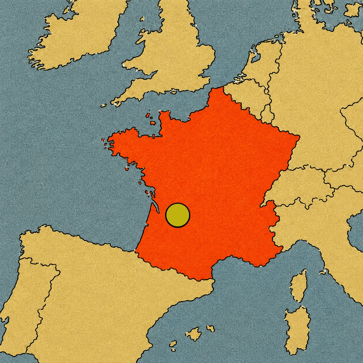 Mapa de Europa con Francia resaltada en rojo y un círculo amarillo