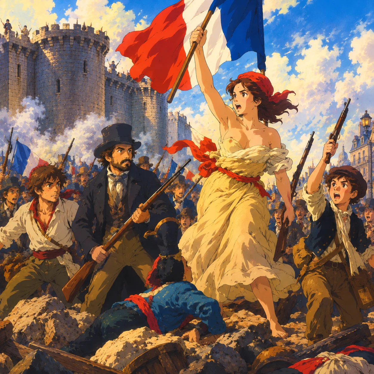 Revolucionarios franceses luchando frente a la Bastilla en París bajo la bandera tricolor