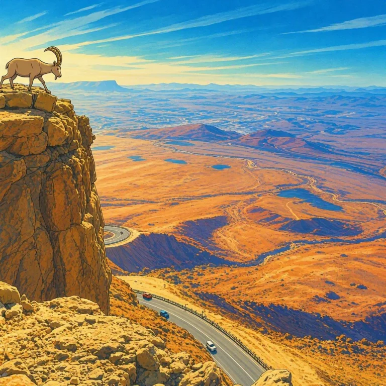 Cabra montés sobre un acantilado rocoso contemplando un vasto paisaje desértico con una carretera serpenteante