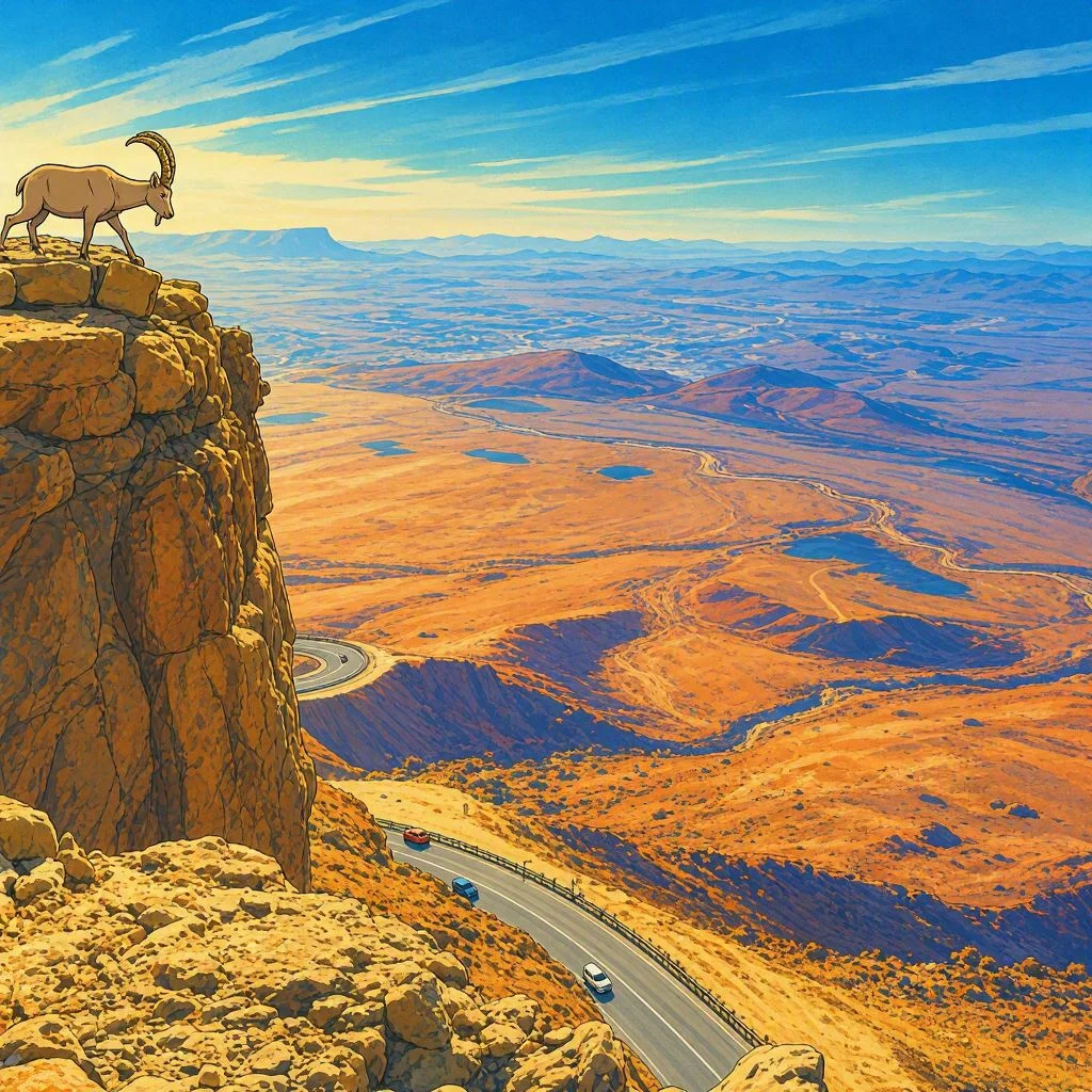 Cabra montés sobre un acantilado rocoso contemplando un vasto paisaje desértico con una carretera serpenteante