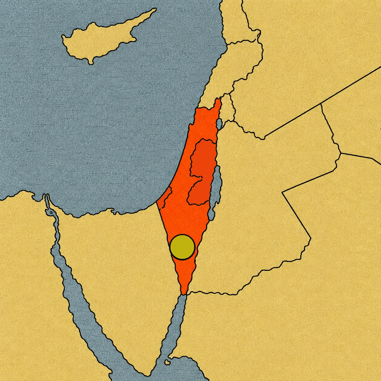 Mapa de Oriente Medio destacando el territorio de Israel en color naranja brillante