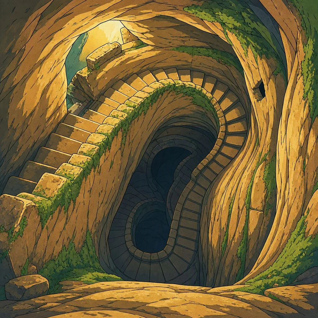 Escalera de piedra en espiral que desciende hacia el interior de una cueva profunda
