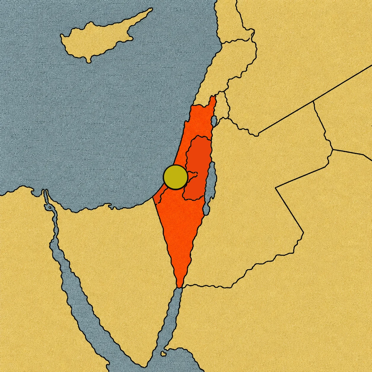 Mapa político que destaca en color naranja el territorio de Israel junto a la costa oriental del mar Mediterráneo