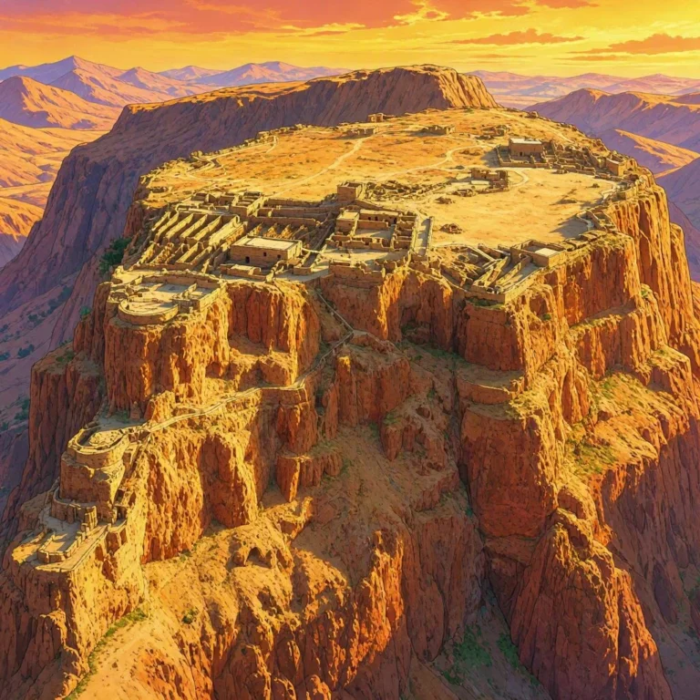 Antiguas ruinas fortificadas sobre una gran meseta rocosa bajo un cielo atardecido