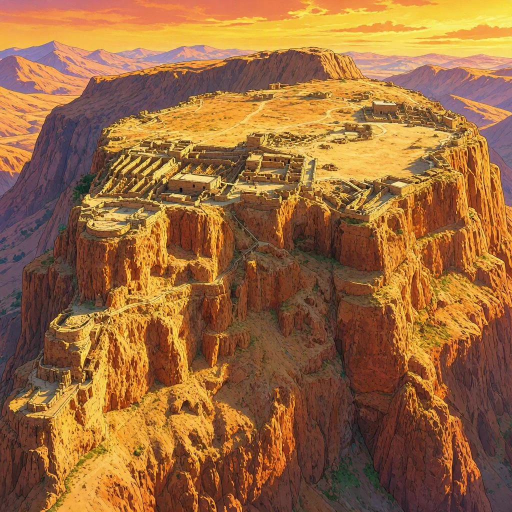 Antiguas ruinas fortificadas sobre una gran meseta rocosa bajo un cielo atardecido