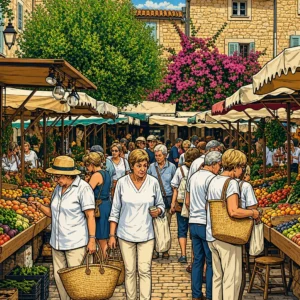 Traditional open-air market in a European village with fruit stalls and people shopping