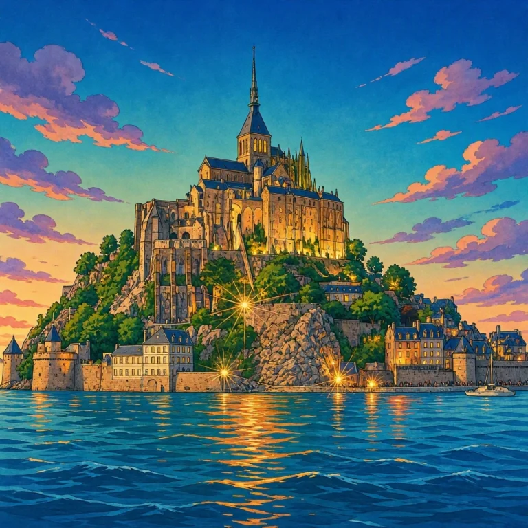 El impresionante Monte Saint-Michel en Francia rodeado por el mar al atardecer