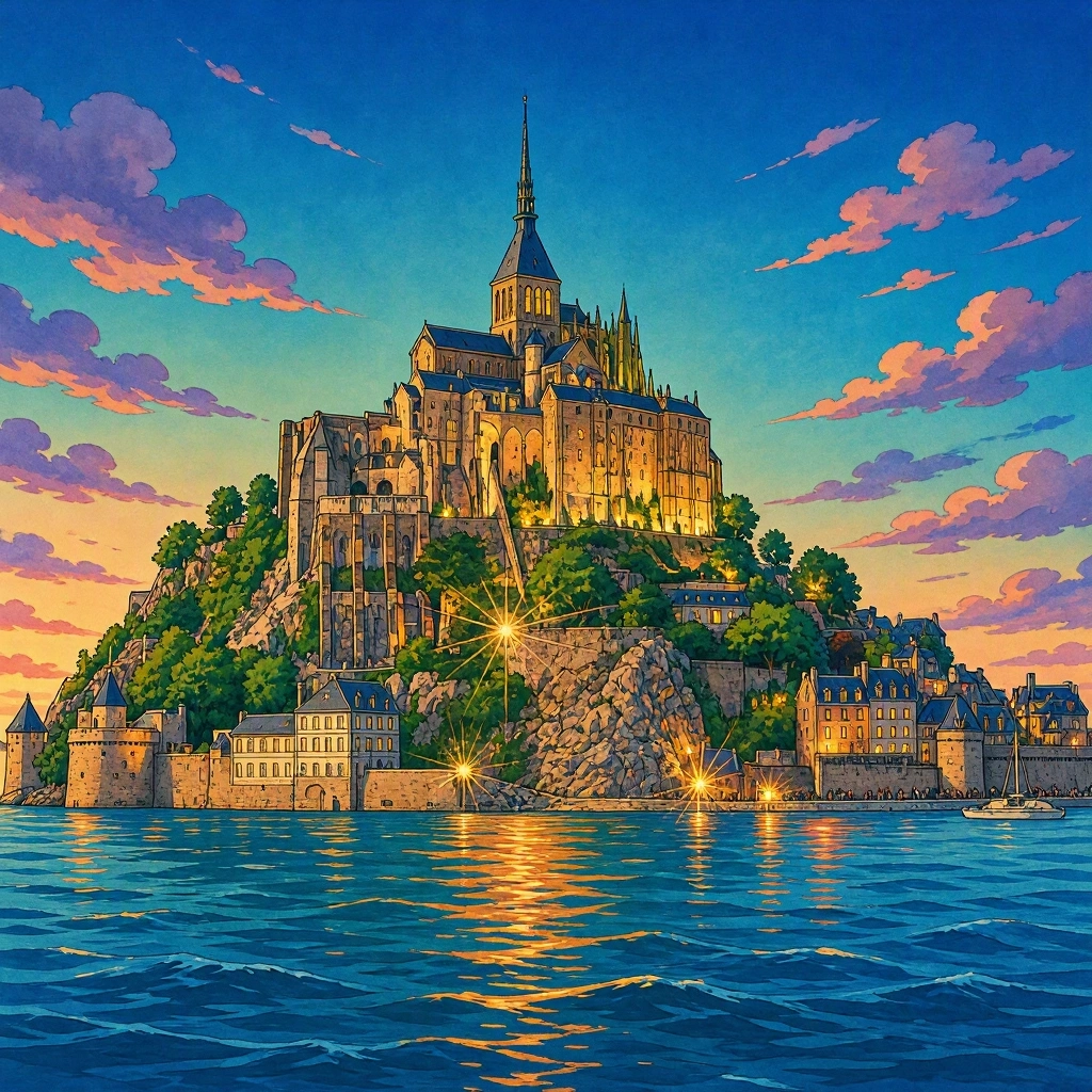 El impresionante Monte Saint-Michel en Francia rodeado por el mar al atardecer