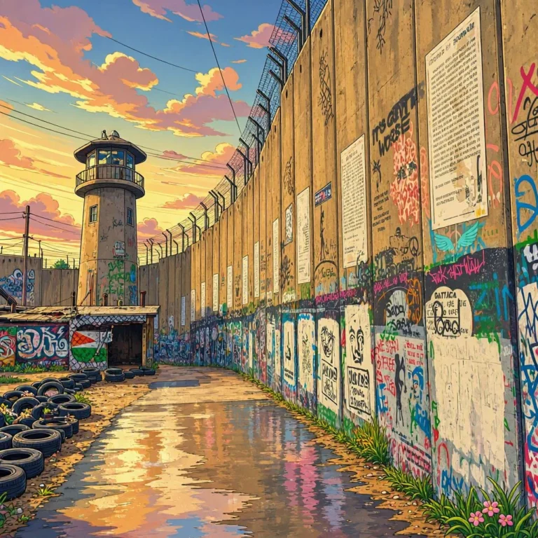 Muro alto de hormigón cubierto de grafitis y carteles, con una torre de vigilancia y alambre de púas bajo un cielo al atardecer.