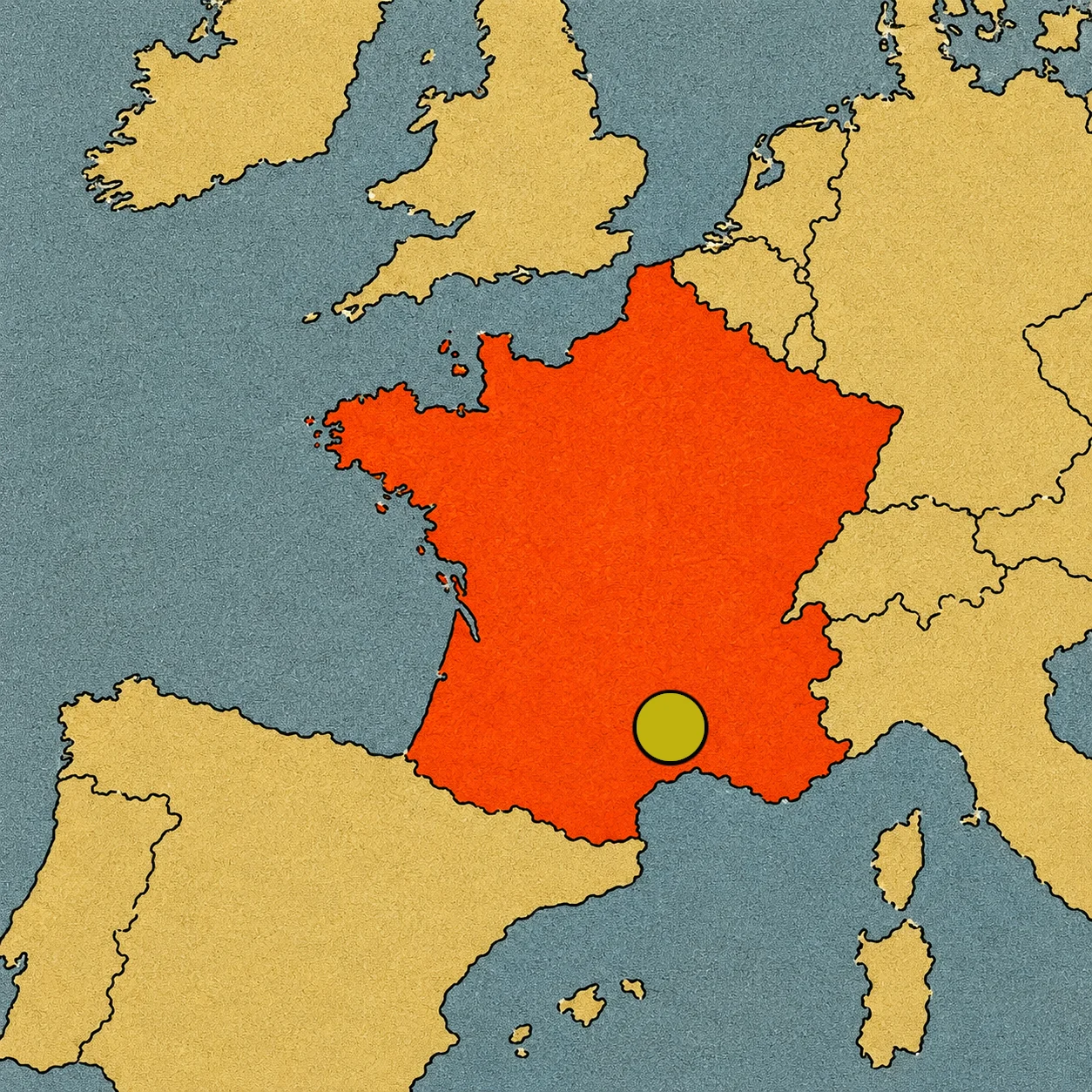 Mapa de Europa con Francia resaltada en rojo y un círculo amarillo en el sur