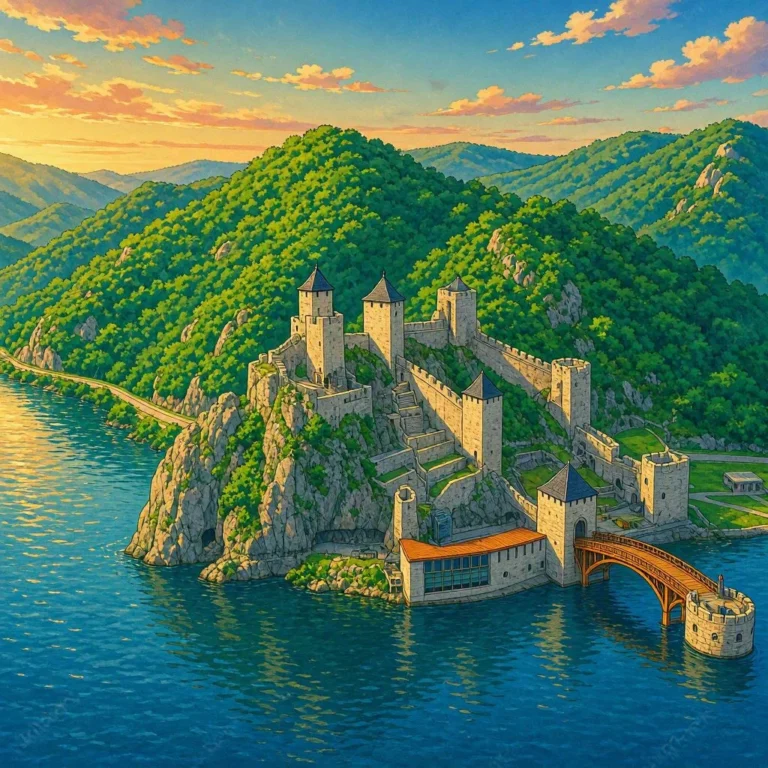 Castillo medieval fortificado ubicado en un acantilado sobre un río rodeado de montañas