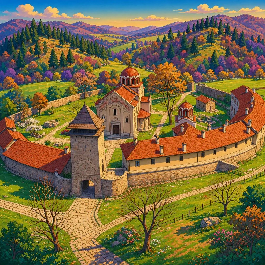 antiguo monasterio medieval rodeado de colinas boscosas y murallas de piedra