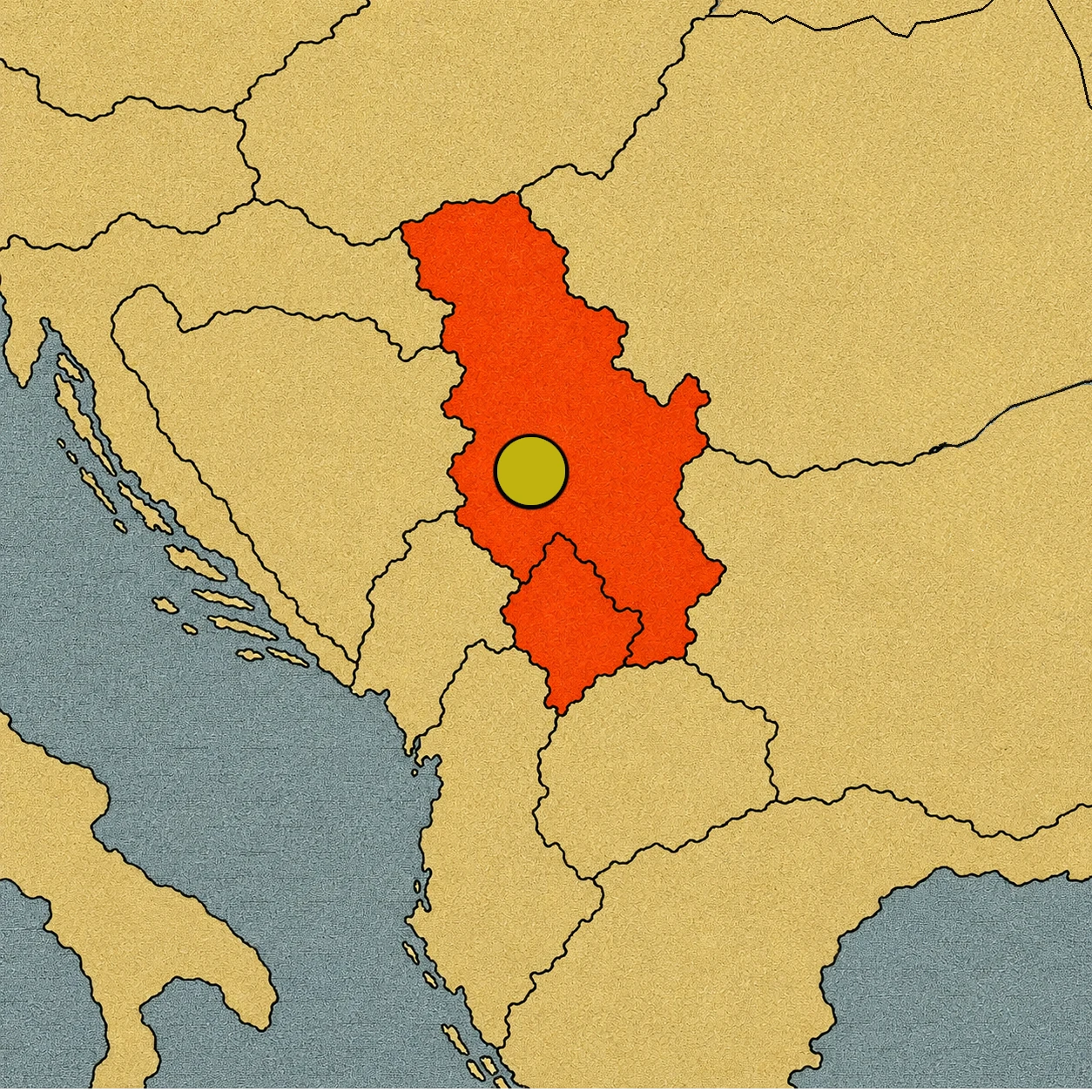 Mapa de Serbia resaltada en rojo con un punto amarillo en su capital