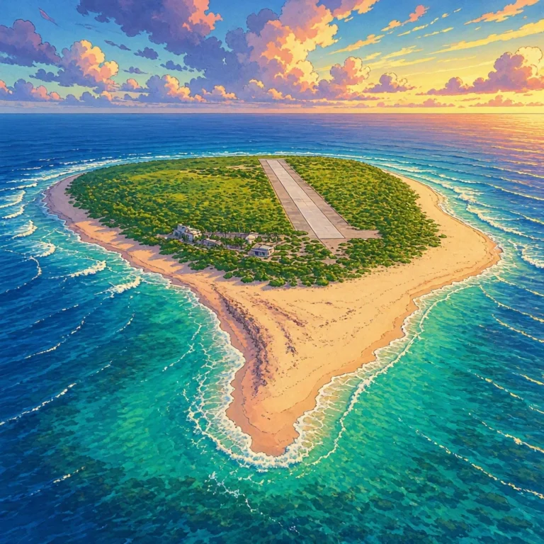 Pequeña isla tropical con pista de aterrizaje y playa de arena blanca rodeada por el océano