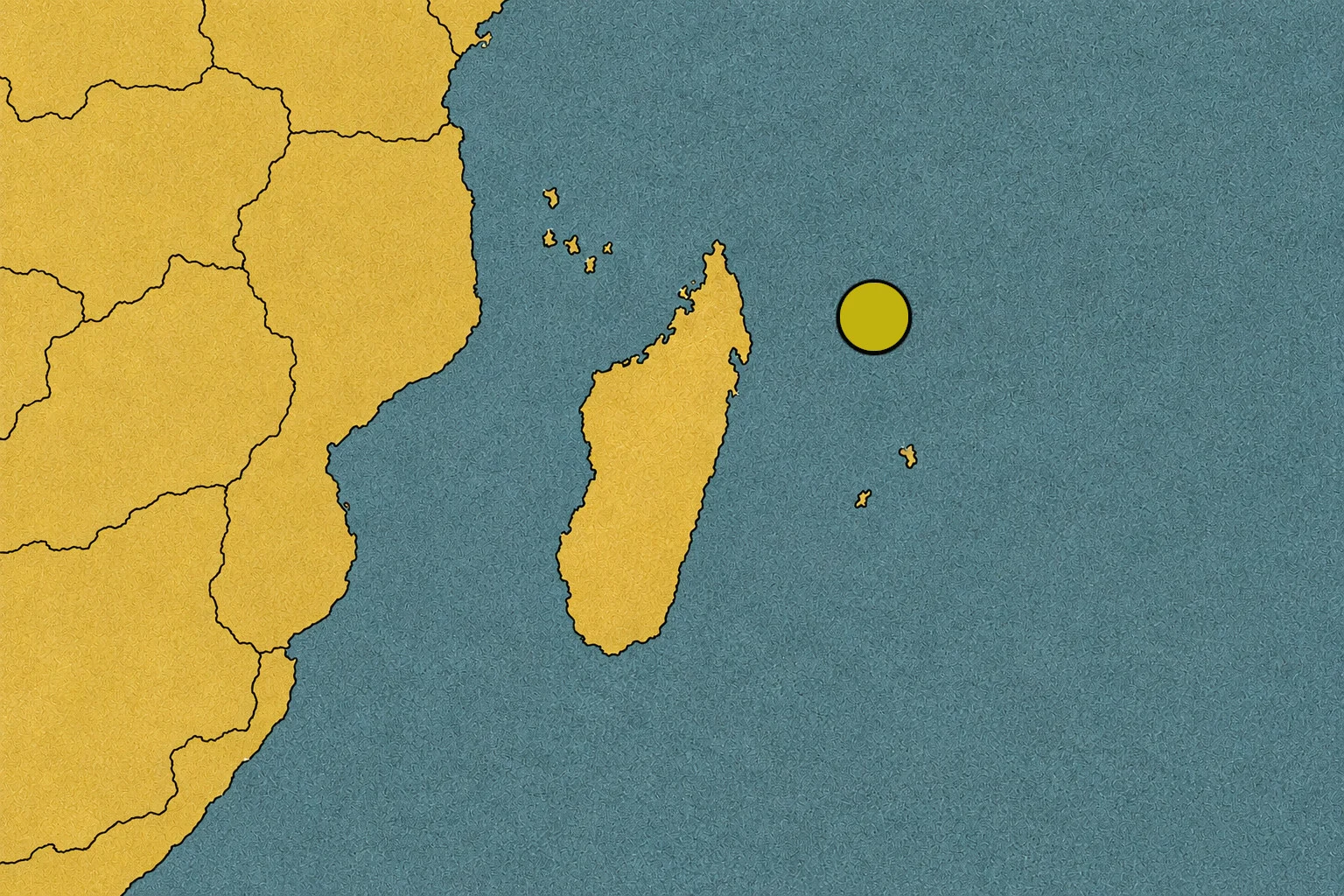 Mapa de Madagascar y el océano Índico con un círculo amarillo