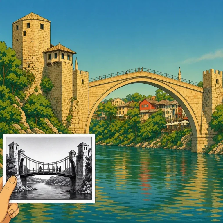 El famoso puente de piedra de Mostar con una mano sosteniendo una fotografía antigua en blanco y negro
