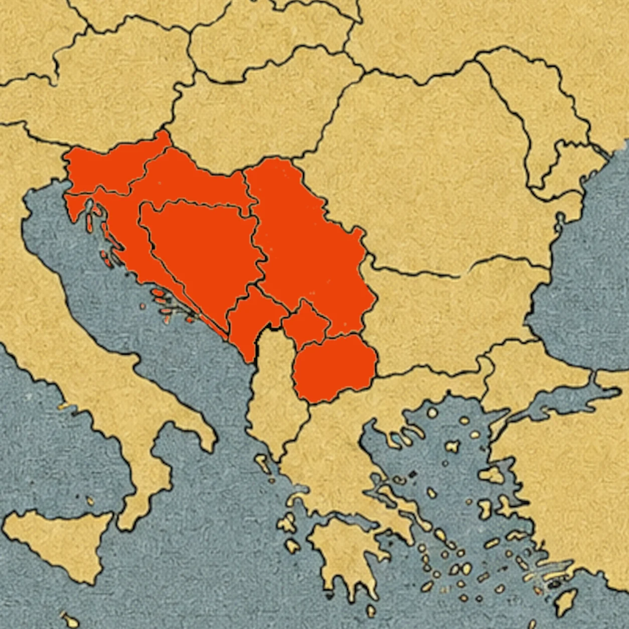 Mapa de los países sucesores de Yugoslavia resaltados en color rojo en la península balcánica